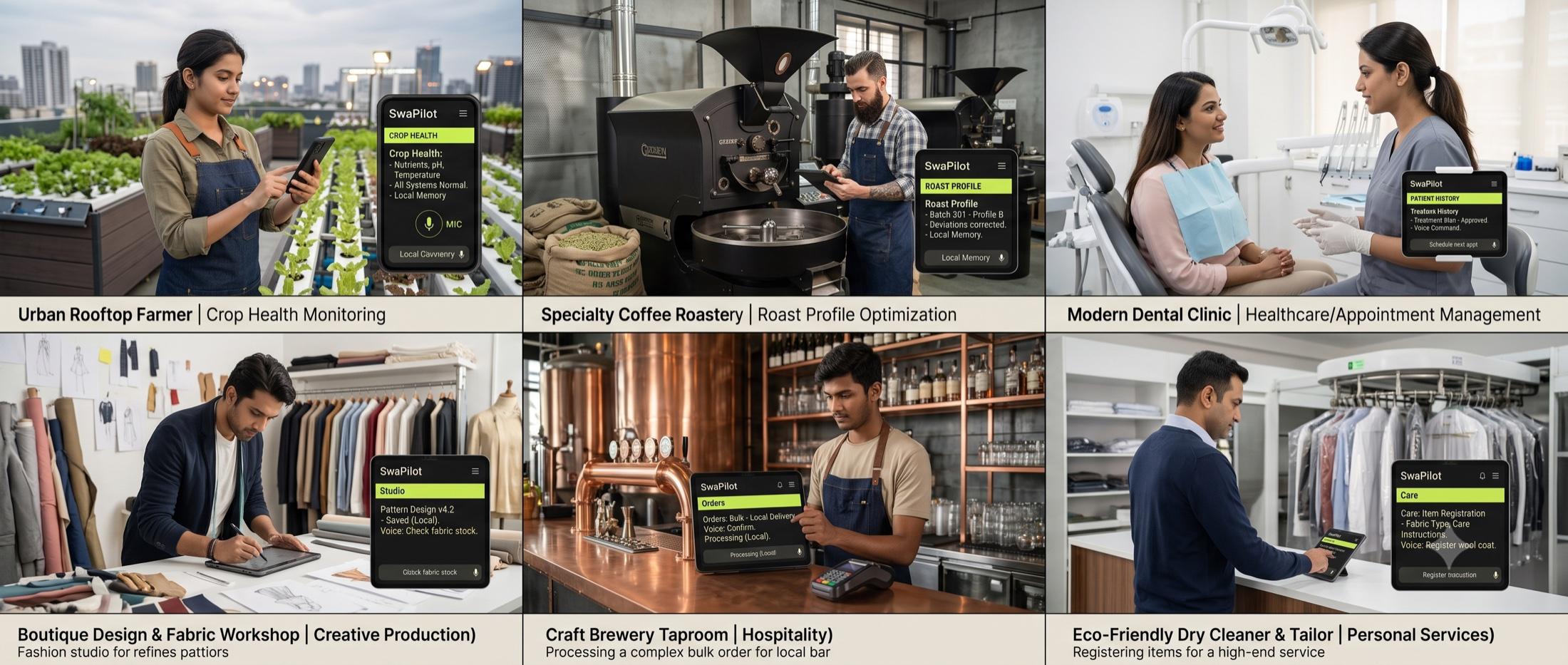 SwaPilot supporting rooftop farming, coffee roasting, dental care, fashion production, hospitality, and garment services